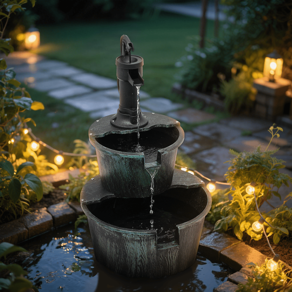 Outdoor Barrel Water Fountain, 27-Inch Two-Tier Rustic Waterfall with Listed 11L Capacity and IPX4 Rating in Dark Green or Bronze for Patio and Garden Decor