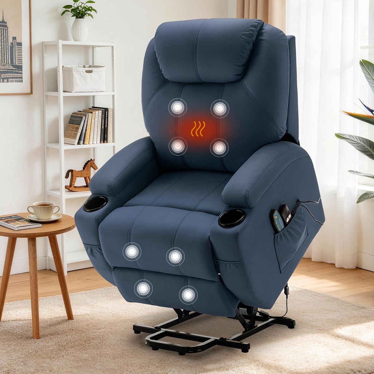 Power Lift Recliner Chair with Massage and Heating Functions, Remote Control and Cup Holder for Home Relaxation, Color and Upholstery Label Options