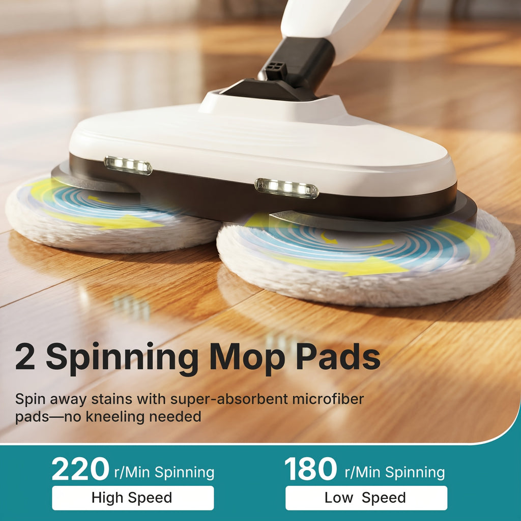 Dual Spin Steam Mop with Rotating Pads, Two LED Lights, Four Listed Modes and 16.4ft Power Cord for Compatible Floor Cleaning in White, Gray or Green