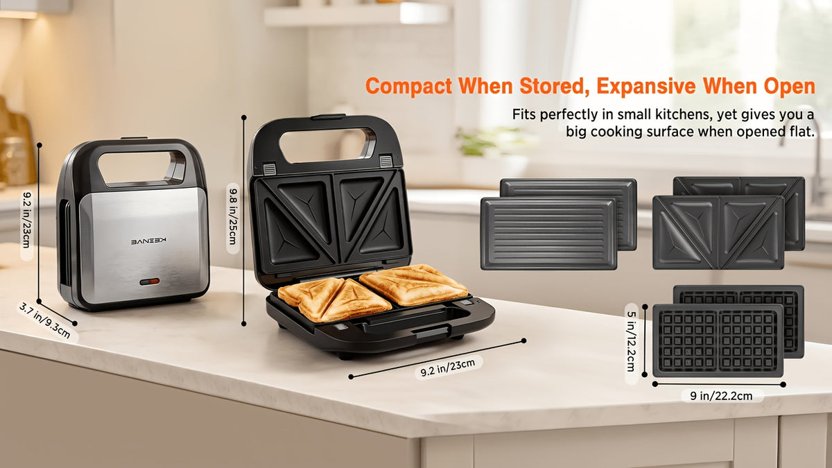 Three-in-One Sandwich and Waffle Maker with Listed 750W Power and Removable Nonstick Plates, Teal and Three-Plate Option Labels for Home Kitchen Meal Preparation