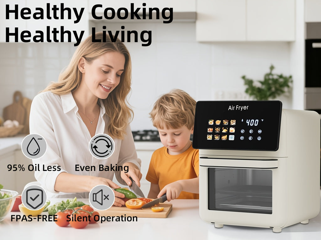 White Air Fryer Oven and Grill Combo with Listed 2.64gal Capacity, 12-in-1 Convection Cooking Design, Glass Viewing Window, Nonstick Basket and Removable Door