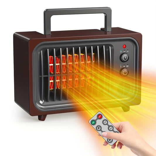 Remote-Controlled Red Space Heater with Listed 600W Power, Three Heat and Fan Settings, Adjustable Thermostat and Timer for Supervised Indoor Home or Office Warmth