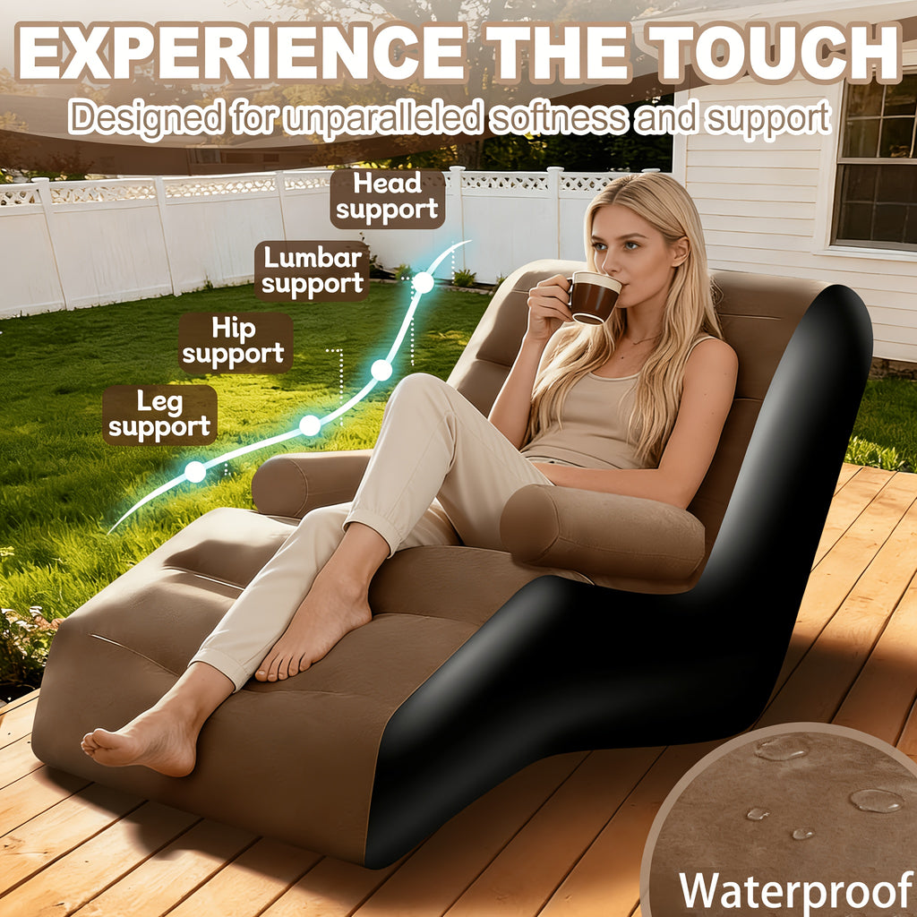 Inflatable Couch for Adults in Coffee Brown with Armrest and Listed Flocked Surface, Portable Air Sofa for Movie Night Seating and Camping Lounge Setups