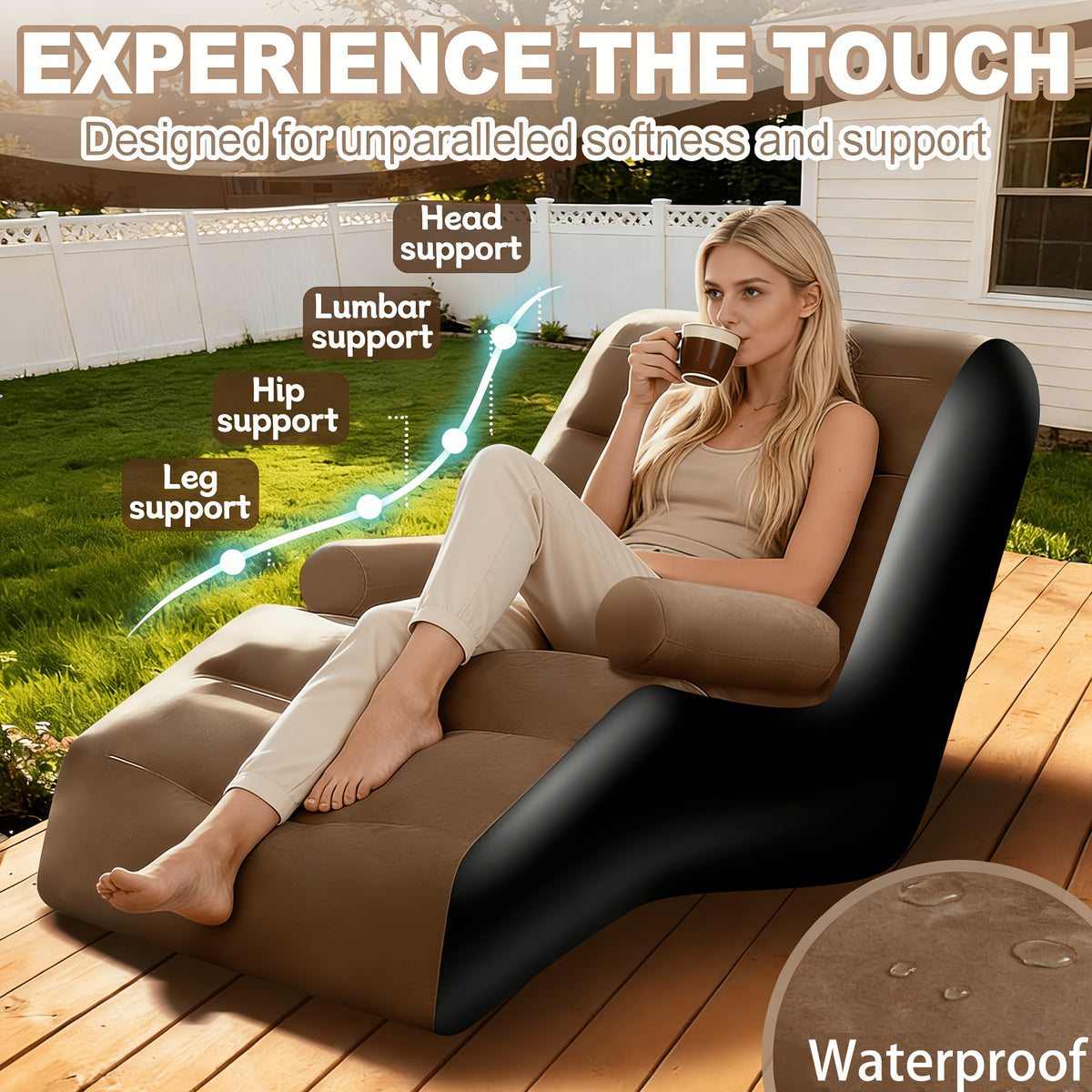 Inflatable Couch for Adults in Coffee Brown with Armrest and Listed Flocked Surface, Portable Air Sofa for Movie Night Seating and Camping Lounge Setups