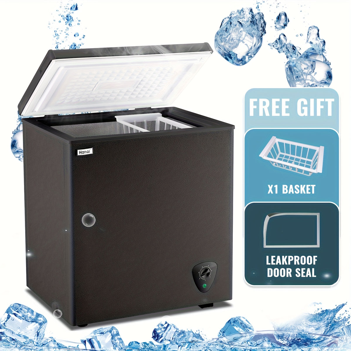 Small Chest Freezer 3.5 Cu. Ft., WANAI Black Deep Freezer with 7 Adjustable Settings and Removable Basket for Apartment Kitchens