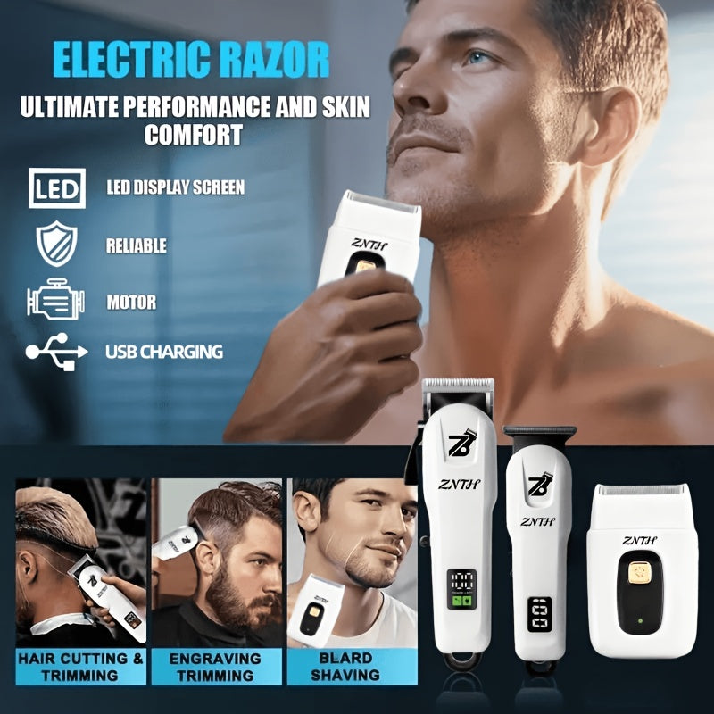LCD Hair Clipper with Listed USB Charging and Stainless Steel Blades, Upgraded Single Clipper or Three-in-One Electric Razor and Shaver Kit for Home Grooming
