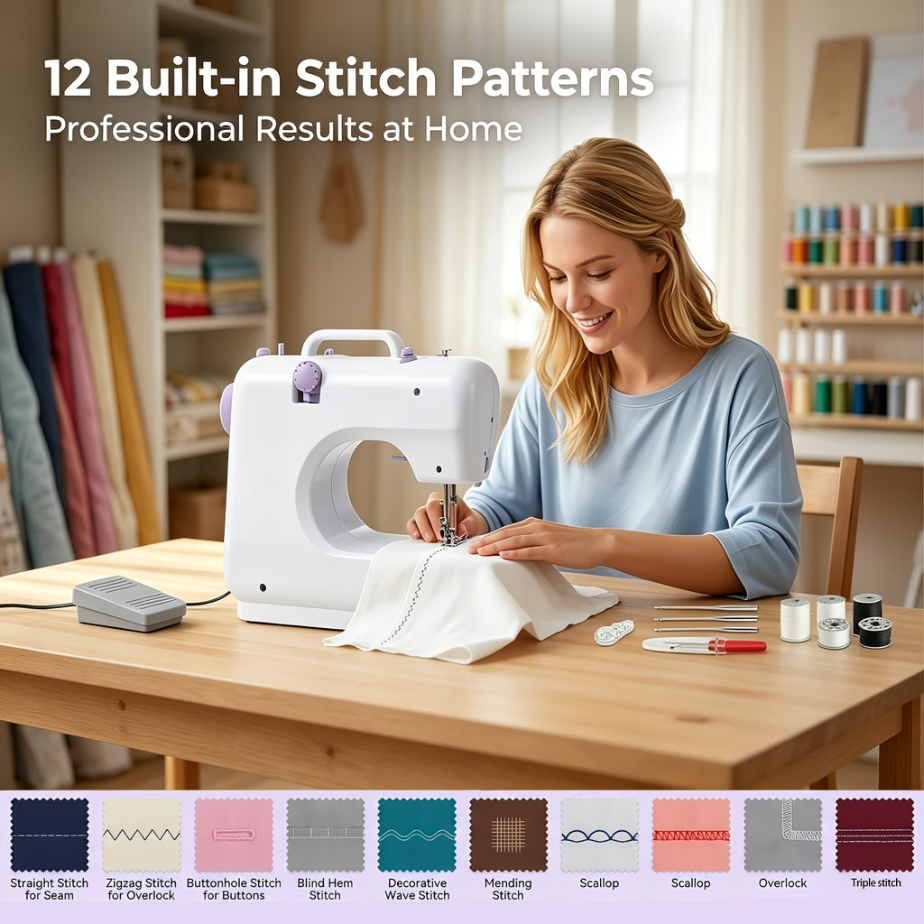 12-Stitch Mini Sewing Machine with Listed Dual Speed and Reverse Sewing, Portable Electric Beginner Craft Tool with Thread, Bobbins and Needles for Home Projects