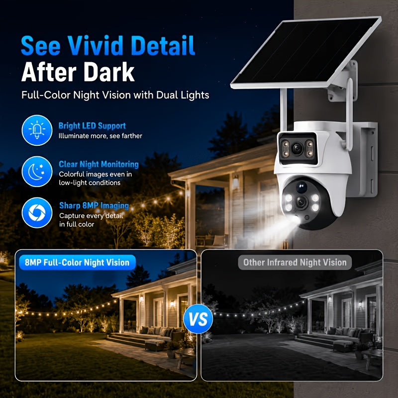 Solar WiFi Security Camera with Dual Lenses, Listed 4K and 360-Degree PTZ, 2.4GHz Outdoor Monitor with PIR Alerts, Color Night Vision and Two-Way Audio