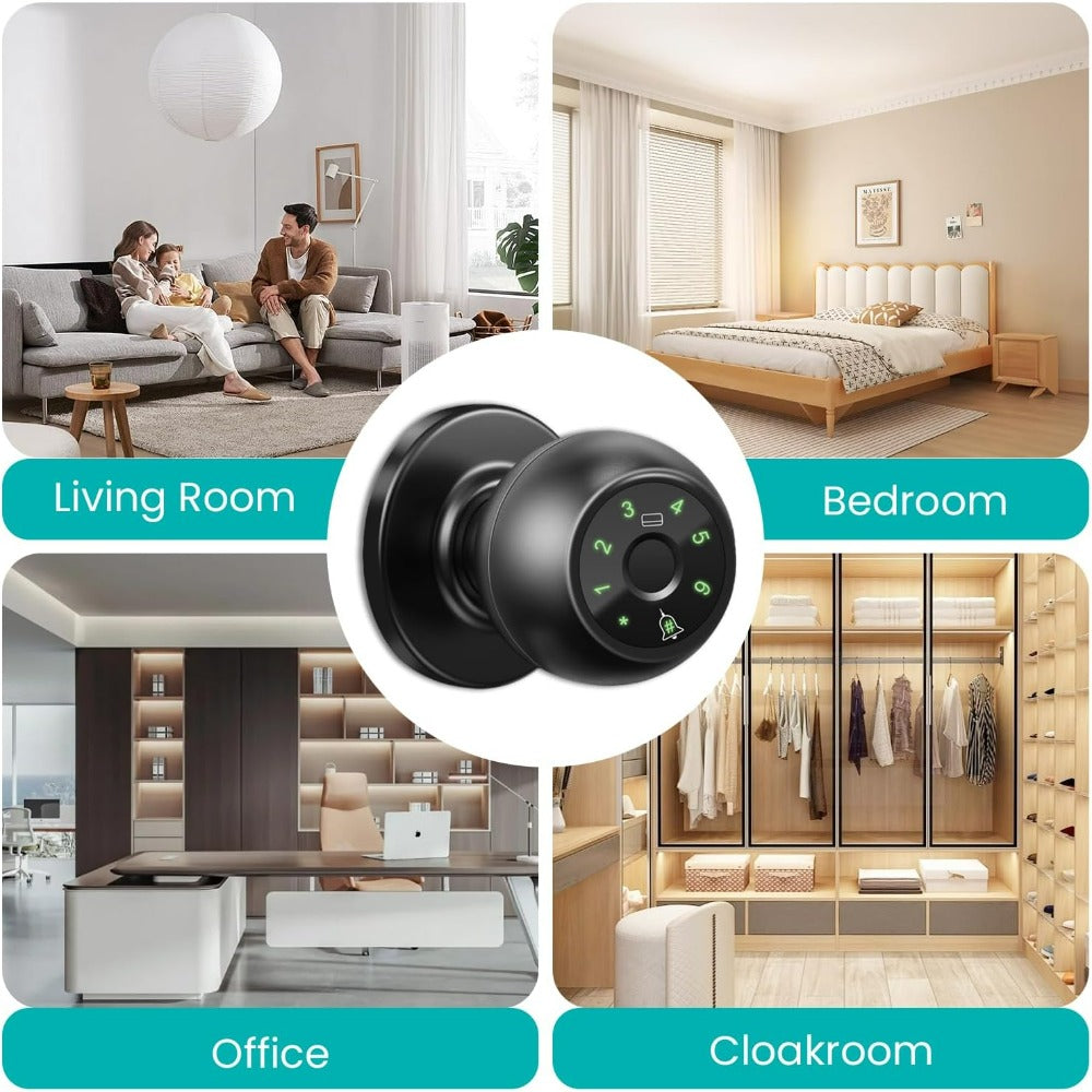 Five-Method Fingerprint Door Knob with App, IC Card, Password and Backup Key Access, Silent and Passage Modes, Anti-Peep Keypad and Type-C Emergency Power