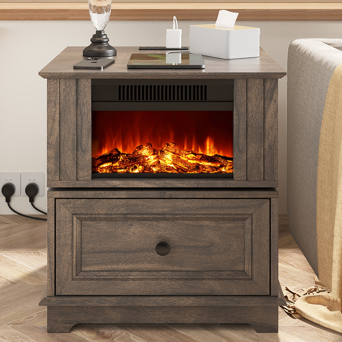 Electric Fireplace End Table with Listed 180-Degree Rotation and 13-Inch Screen, Storage and Charging Station, Six Finish Choices for Living Room Layouts