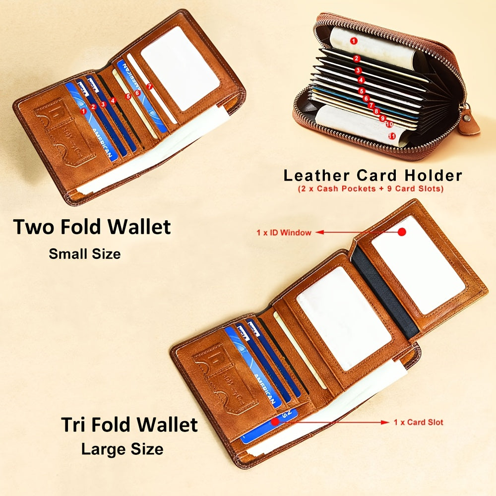 Men's Vintage Wallet and Card Holder Options, Bifold, Trifold and Eight-Card-Slot Styles in Brown, Coffee, Black or Blue for Everyday Carry and Gifts