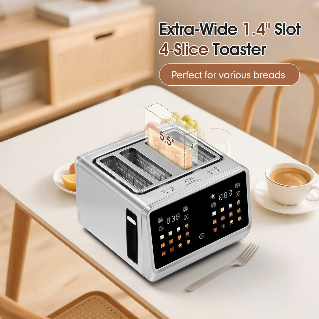 Four-Slice Digital Toaster with Listed Touchscreen, Dual Control Panels, Timer and Single-Slot Toasting, Stainless Steel Option for Bread, Bagels and Waffles