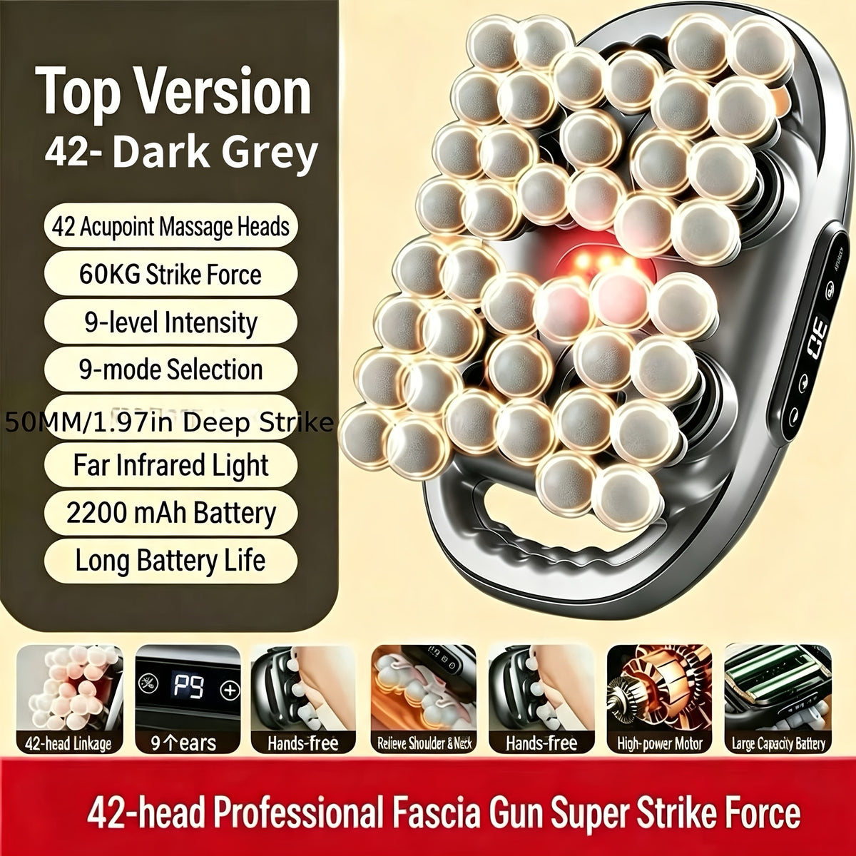Nine-Mode Muscle Massager with Listed 42-Head Design, Black Gray Fascia Massage Device for Adult Personal Care and At-Home Relaxation Gift Ideas