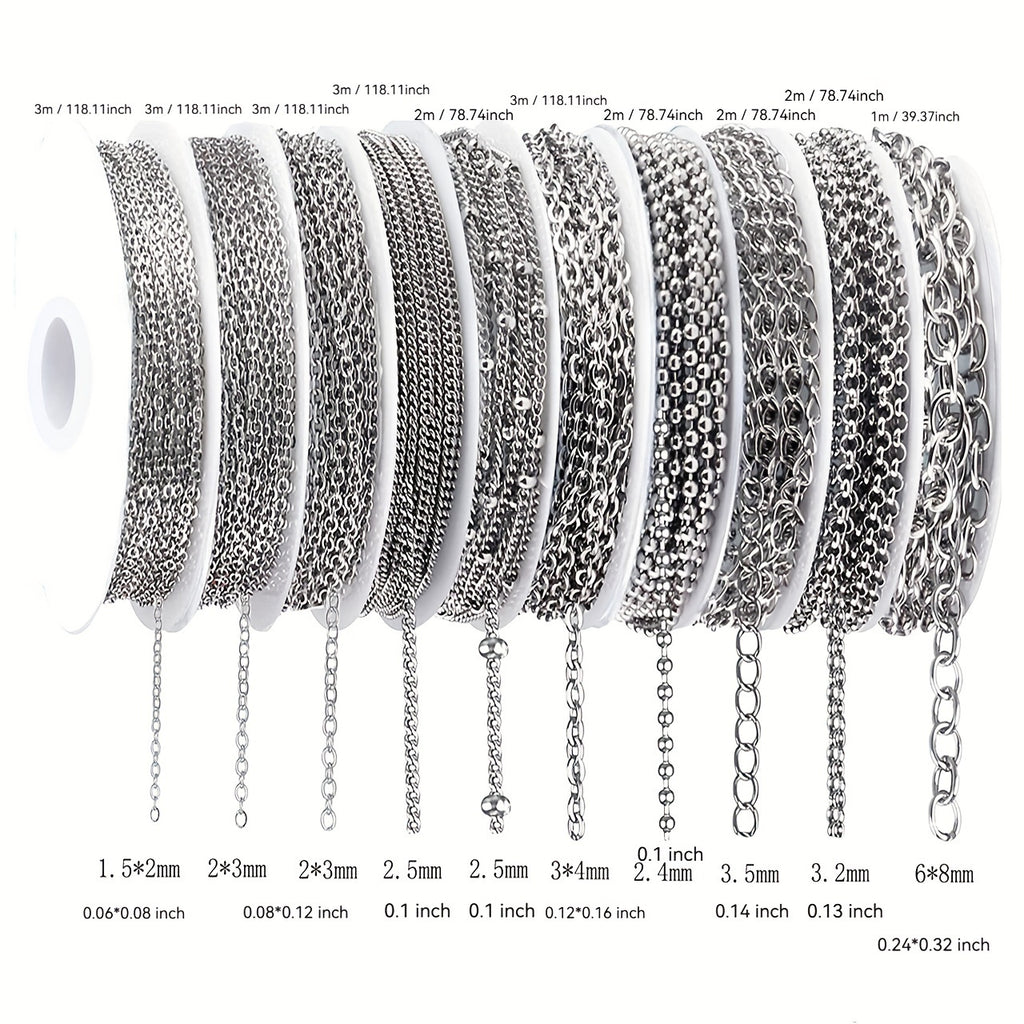 Stainless Steel Jewelry Chain Making Kit, 304 Chain Rolls with 10- or 15-Roll Options for DIY Bracelets, Necklaces, Anklets and Handmade Gifts
