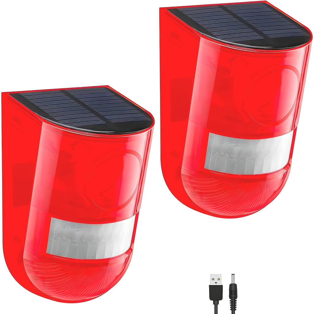 Solar Motion Sensor Alarm 2-Pack with Listed 129dB Siren and 6-LED Flashing Strobe, USB Rechargeable Outdoor Alert Devices for Yard, Farm and Garage Areas