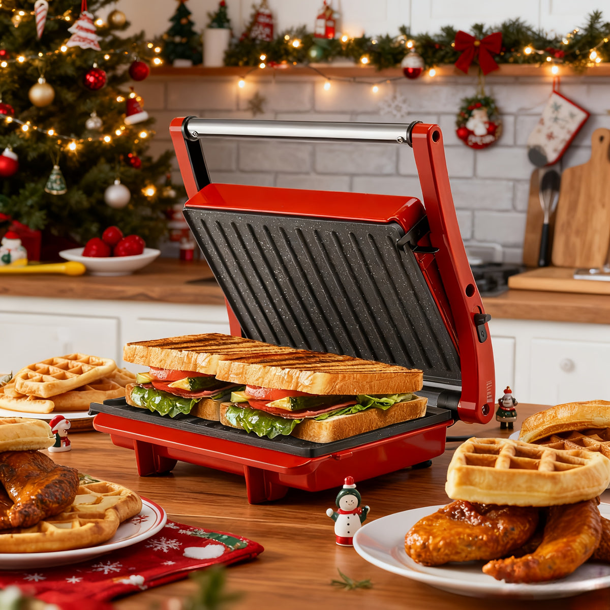 Floating-Hinge Panini Press and Indoor Grill with Nonstick Plate Wording, 180-Degree Opening and Grease Tray, Color or Timer-Control Options for Sandwiches