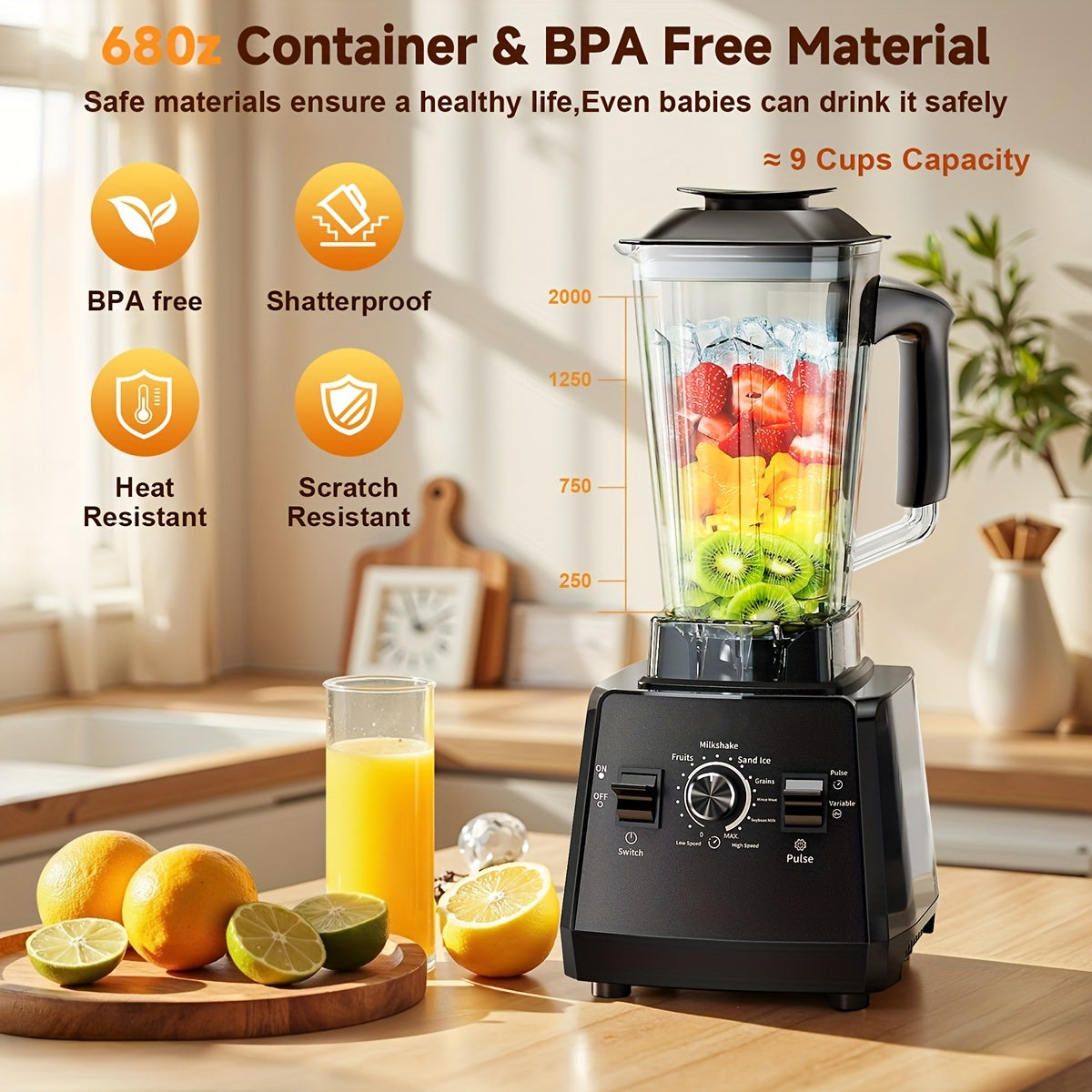 High Speed Blender 2400W, Professional Countertop Blender with 68oz Jar and Extra Container, 25000 RPM Smoothie Blender for Ice, Juices, Soups and Sauces, Kitchen Blender with Tamper