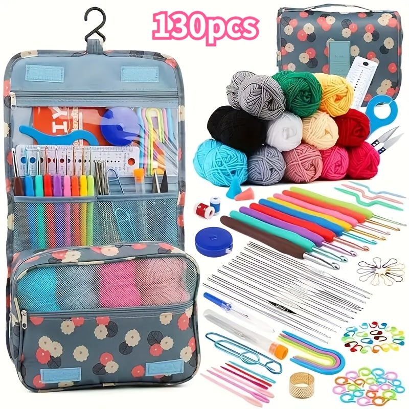 Multicolor Yarn Crochet Kit with Listed 130-Piece Set, Fabric Storage Bag, Hooks, Scissors, Needles and Stitch Markers for Creative DIY Projects and Handmade Gifts