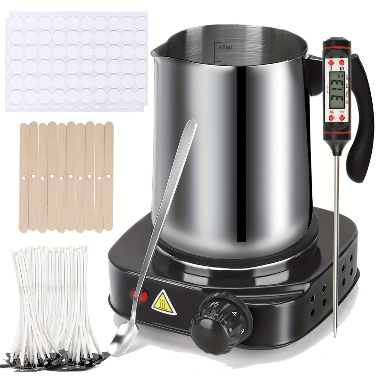 Electric Wax Melter Candle Making Kit with Thermometer, 30.43oz Pouring Pot, Spoon and Wick for Adult Beginners & Homemade Candle Crafts