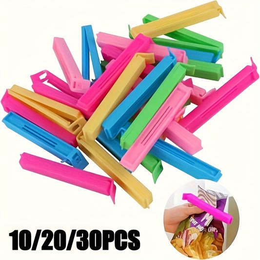Reusable Plastic Food Bag Clips in Random Colors, 10, 20 or 30 Piece Packs for Compatible Snack Packages, Pantry Storage and Everyday Kitchen Organization