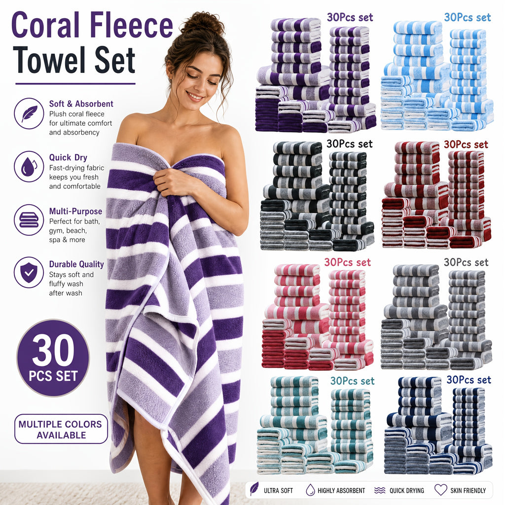 Bath Towel Set with Soft Coral Texture and Listed 30-Piece Quantity, Bright Red, Burgundy, Coffee Color or Purple Choices for Bathroom and Guest Room Routines