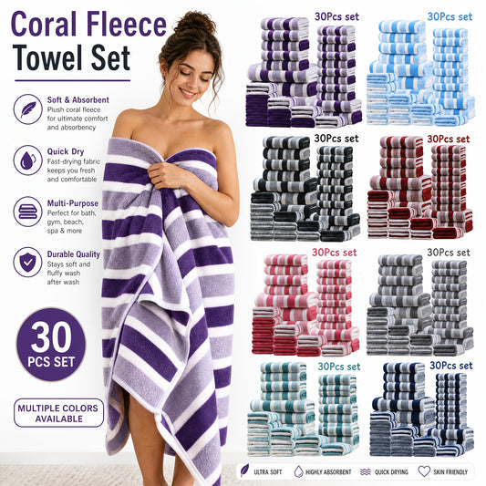 Bath Towel Set with Soft Coral Texture and Listed 30-Piece Quantity, Bright Red, Burgundy, Coffee Color or Purple Choices for Bathroom and Guest Room Routines