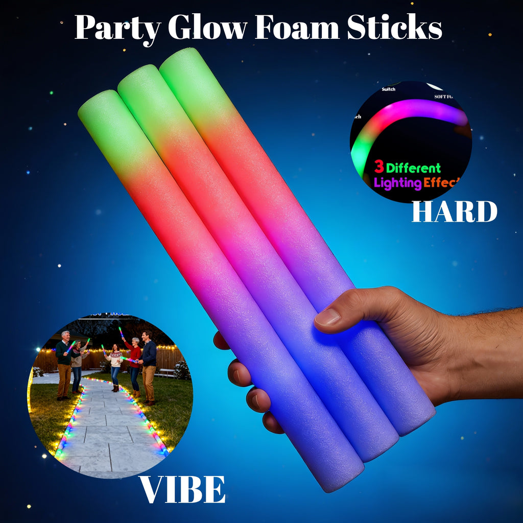 Bulk LED Foam Glow Sticks with Three Listed Flicker Modes, 30 or 50 Piece Party Favor Packs for Weddings, Birthdays, Concerts, Christmas and New Year Celebrations