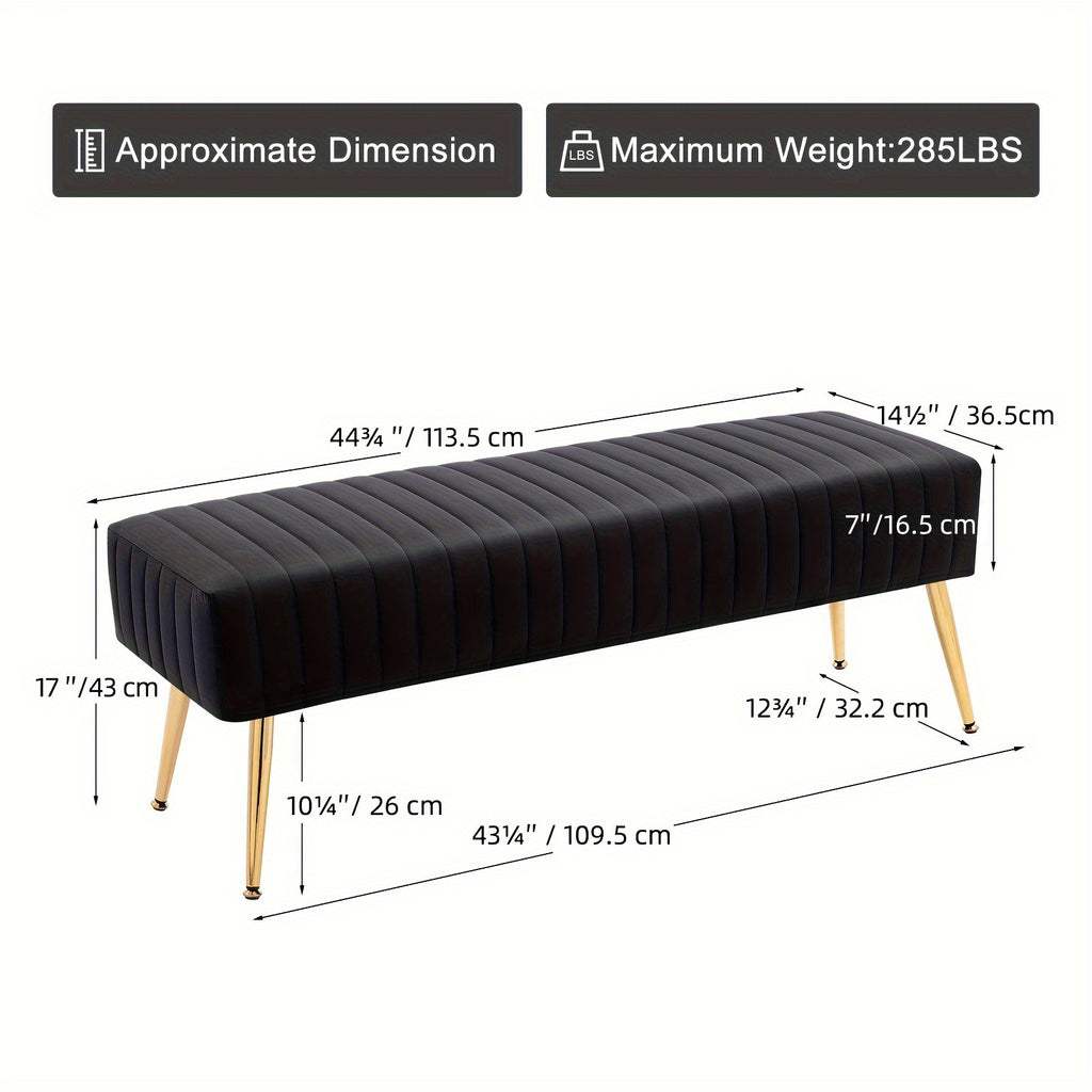 Velvet Entryway Bench with Gold-Plated Legs, 44-Inch Accent Seating for Shoe Changes, Bedroom End-of-Bed Styling and Living Room Footrest Use