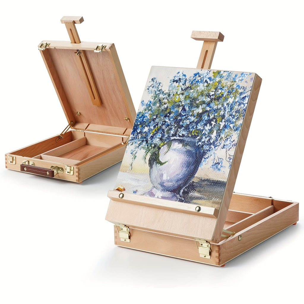 Wooden Tabletop Easel Storage Box, Adjustable Beechwood Painting Stand with Carry Handle and Natural Wood Finish for Artists, Beginners and Art Display