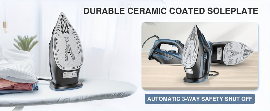Steam Iron for Clothes 1700W in Blue with Ceramic-Coated Soleplate, Adjustable Thermostat, Self-Cleaning and Automatic Shut-Off for Home Garment Care