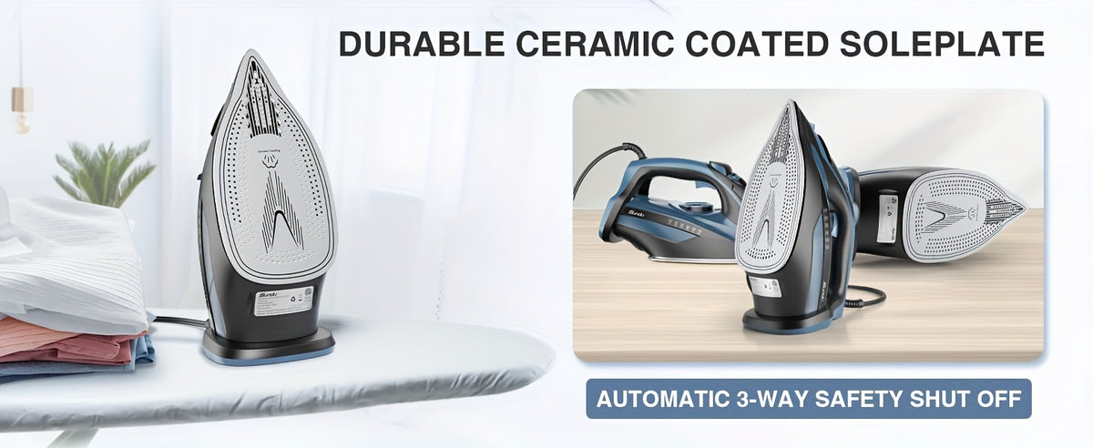 Steam Iron for Clothes 1700W in Blue with Ceramic-Coated Soleplate, Adjustable Thermostat, Self-Cleaning and Automatic Shut-Off for Home Garment Care