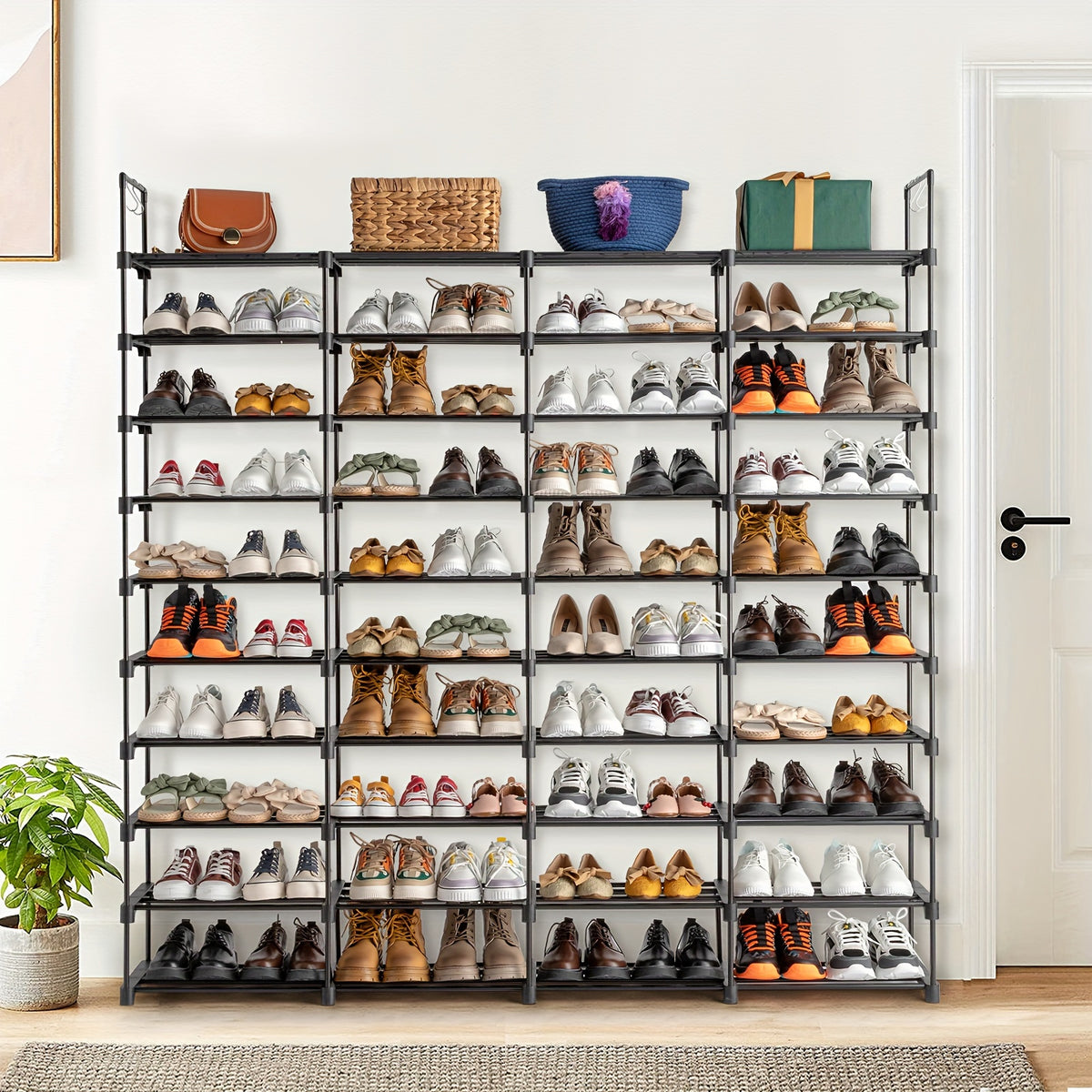 Modular Shoe Rack Organizer with Listed Metal Tubes and Tool-Free Assembly, Nine or Ten Shelf Configuration Labels for Entryway, Closet and Dorm Footwear Storage