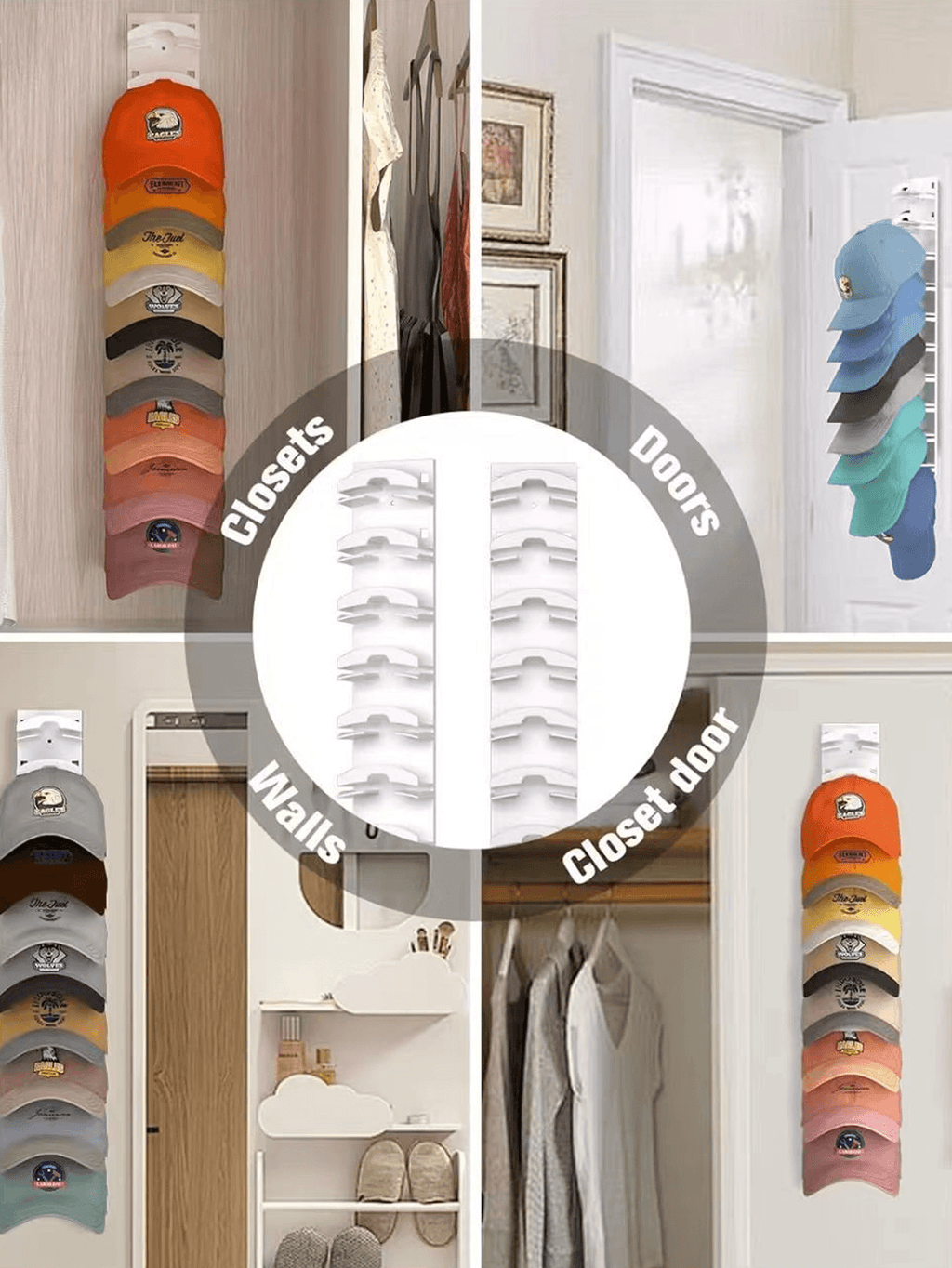 Baseball Cap Rack in Black or White with Multi-Layer Wall Storage, Single Plastic Hat Organizer with Listed Up-to-20-Cap Capacity and Two Mounting References