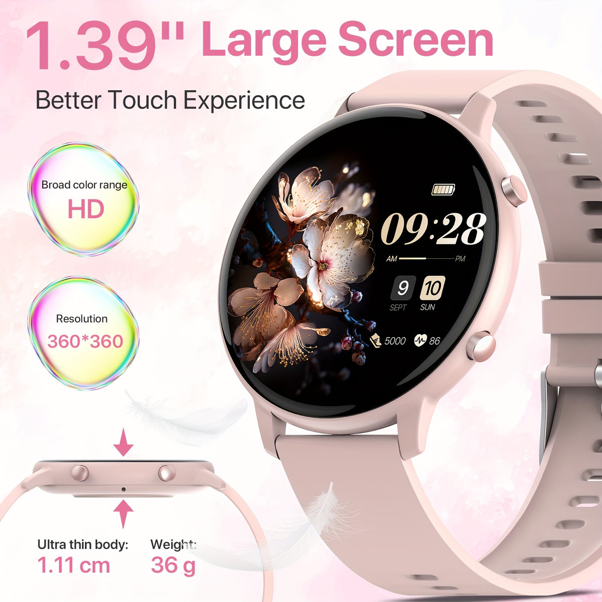Pink Calling Smartwatch for Women with 1.39-Inch Full Touchscreen, Message Alerts, Step Distance and Calorie Tracking, 100+ Sports Modes for iPhone and Android