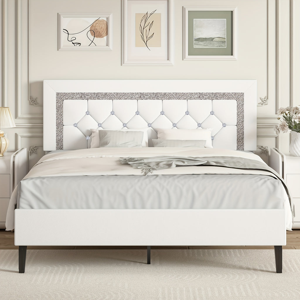 Princess Bed Frame with Diamond Headboard and Wooden Slat Support, Bedroom Furniture in White, Black or Pink with Twin, Full and Queen-1 Size Options