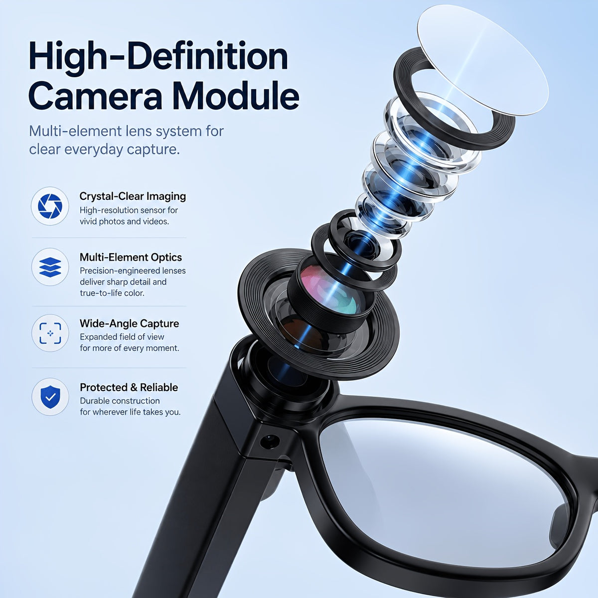 Camera Glasses by KLZO with Listed 13MP Camera, Wireless Recording Eyewear for Photos, Video and Audio with Music and Translation Functions