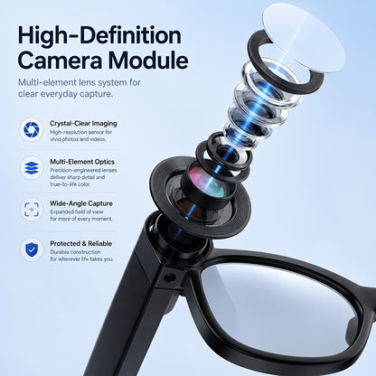 Camera Glasses by KLZO with Listed 13MP Camera, Wireless Recording Eyewear for Photos, Video and Audio with Music and Translation Functions