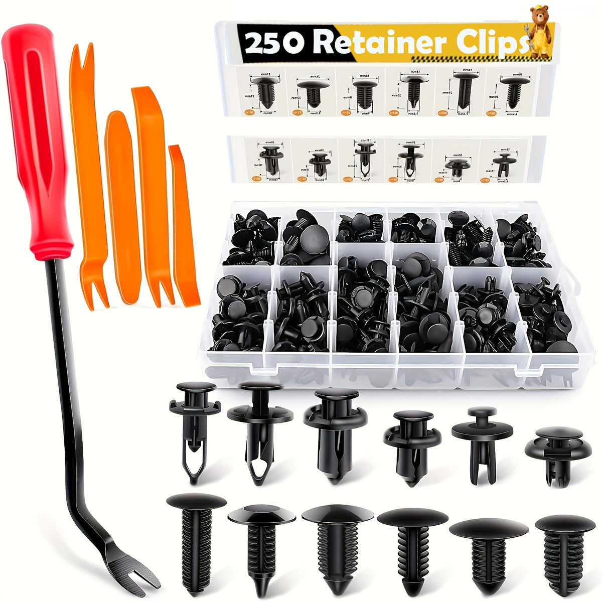 Bumper Retainer Clips and Plastic Push Rivet Fasteners for Compatible Car Applications, Seven Quantity Options with Removal Tool References