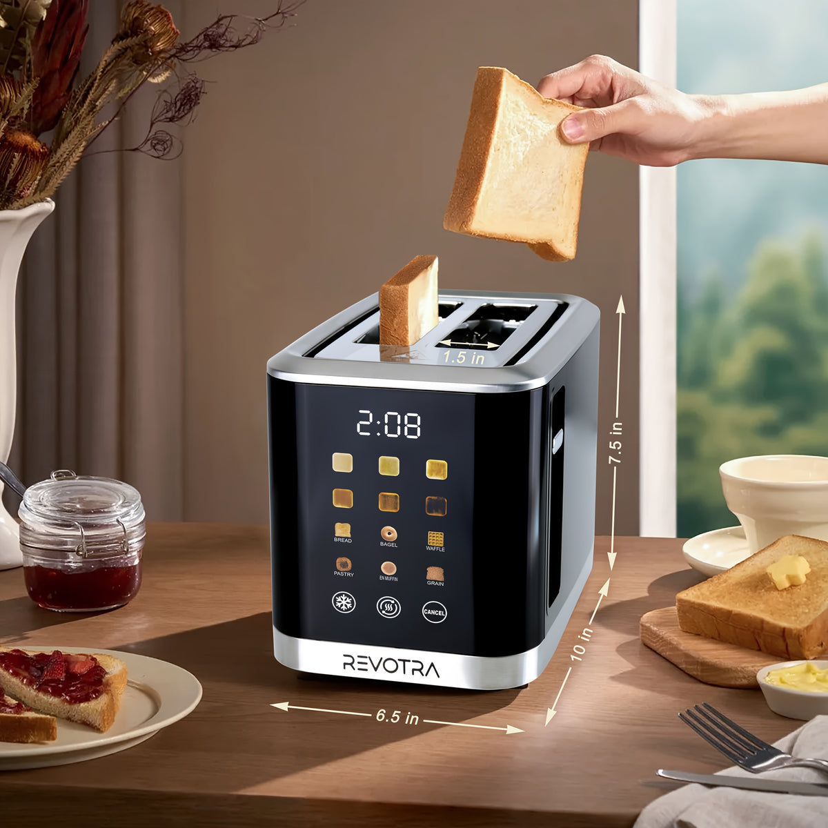 LED Display Breakfast Toaster in Black with Stainless Steel Construction, Wide Slots, Six Toasting Levels, Defrost, Heat and Cancel Functions and Crumb Tray