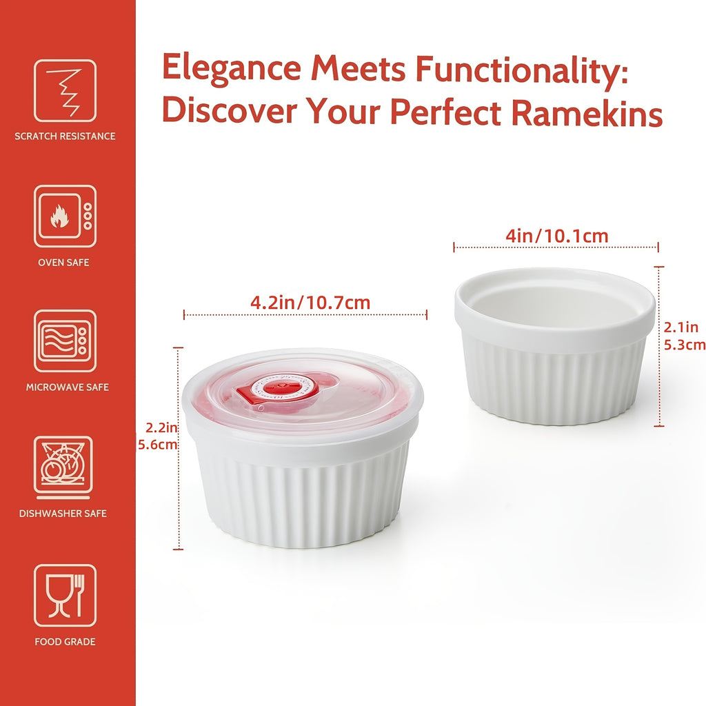 Porcelain Ramekins with Lids, Set of Six with Listed 8-Ounce Capacity for Soufflé, Crème Brûlée, Pudding and Custard Preparation, Serving and Food Storage