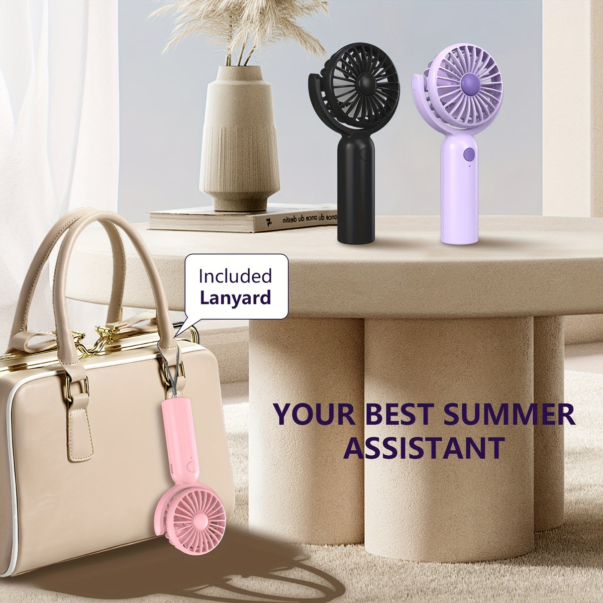 Rechargeable Handheld Fan 3-Pack in Pink, Purple and Black with Three Speeds, USB-C Charging and Listed 180-Degree Adjustment for Travel and Summer Outings