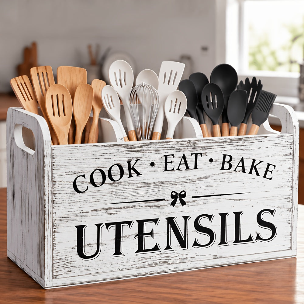 Wooden Utensil Organizer by LDQ with Rustic Styling, Grey White Selection and Grey White or Black Four-Compartment Options for Cooking and Baking Tool Storage
