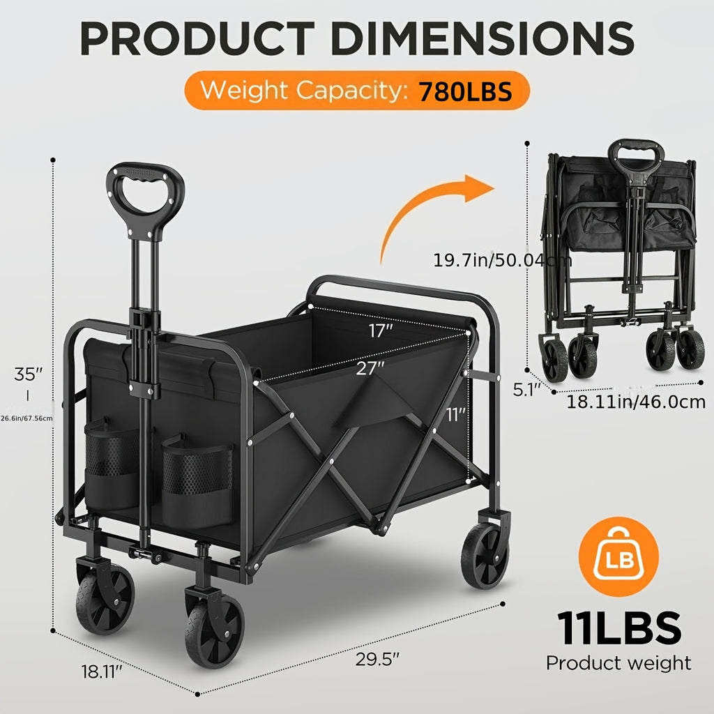 Metal Frame Folding Wagon with Detachable 600D Oxford Fabric, Listed 200 lb Capacity Utility Cart in Red or Black for Garden Supplies, Shopping and Camping Gear
