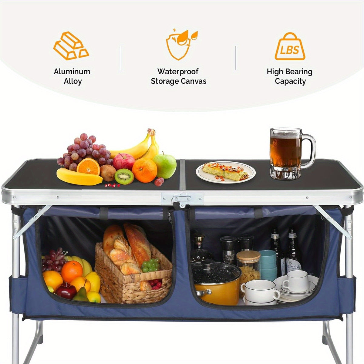 Camping Folding Table with Storage by Bonnlo, 4ft Adjustable-Height Aluminum Picnic Table in Five Color Options for Backyard BBQs, Patio Dining and Outdoor Gatherings