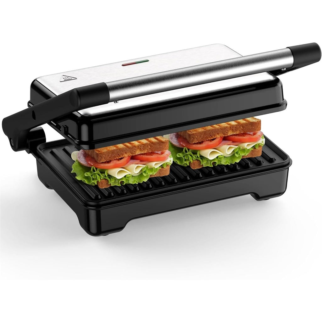 YASHE Panini Grill Press ZJ-521 with 1200W Heating, Nonstick Cast Aluminum Plates, Two-Slice Bread Capacity, 180-Degree Opening and Ready Indicator Lights