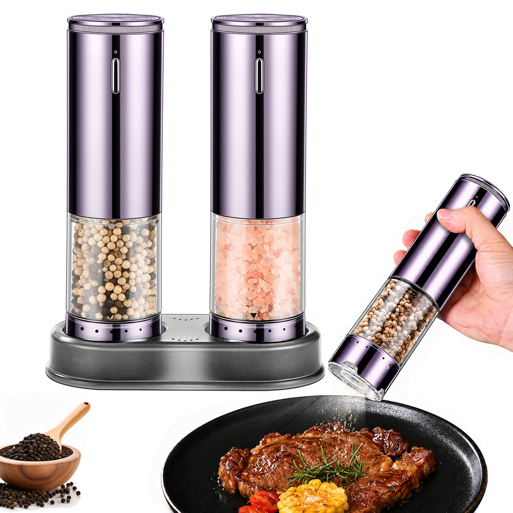 Automatic Salt and Pepper Grinder Set, 2 Refillable Electric Mills in Silvery with LED Light, Adjustable Coarseness and One-Handed Operation for Kitchen Seasoning