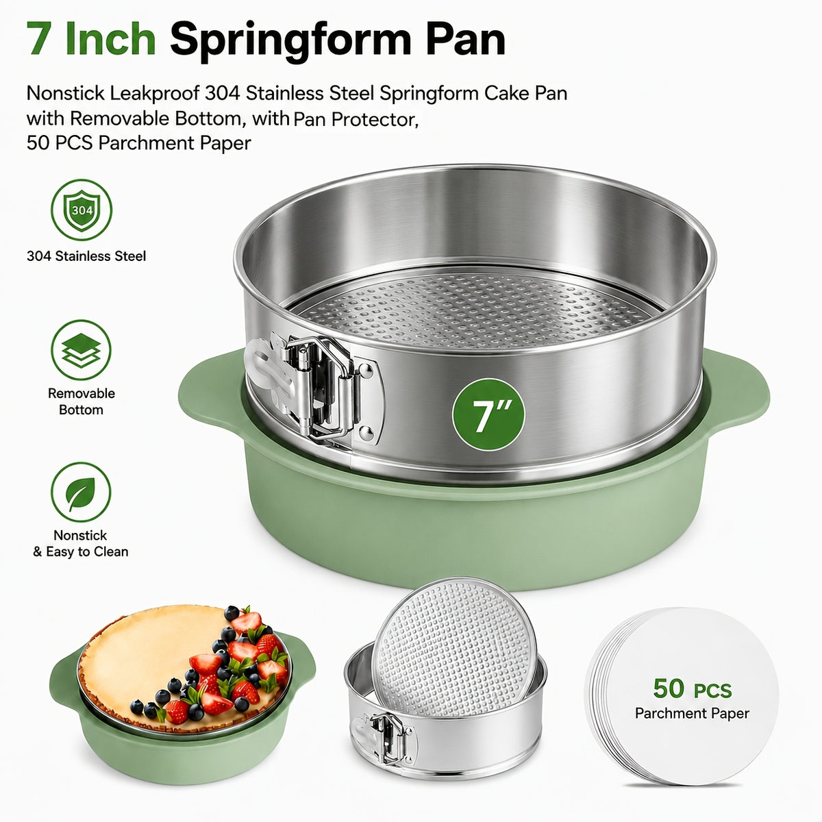 Stainless Steel Springform Pan, 7 or 9 Inch Nonstick Cheesecake Pan with Removable Bottom and Latch, Pan Protector and 50 Parchment Papers for Home Baking