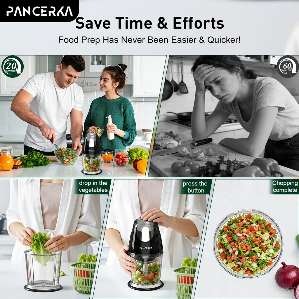 One-Touch Electric Food Chopper by PANCERKA, Listed 20.29oz Capacity with Four Stainless Steel Blades for Compatible Vegetables, Garlic, Fruit and Meat Prep