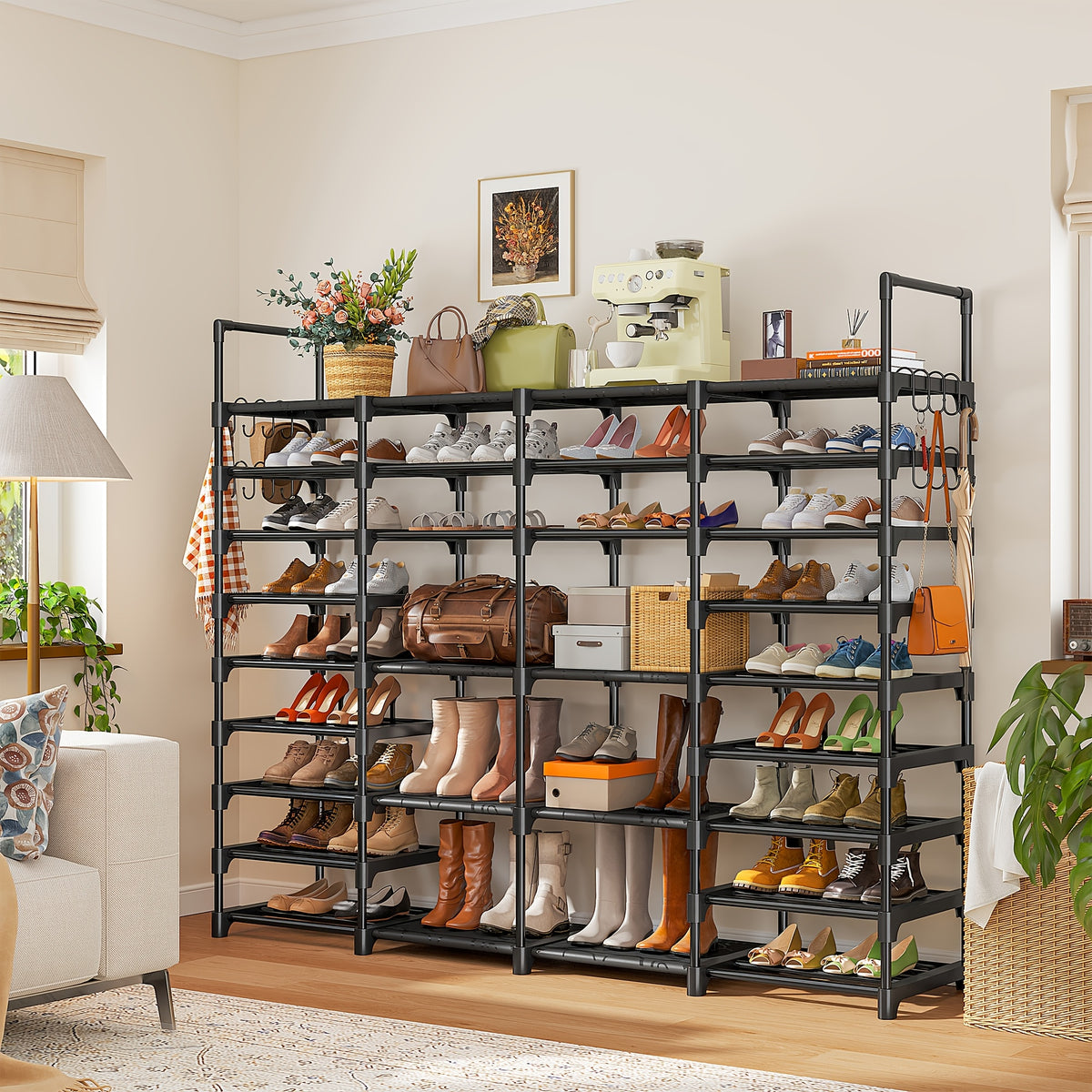 Four-Column Shoe Rack in Black with Six- or Nine-Tier Model Options, Listed Metal Construction and Customizable Layout for Entryway, Bedroom and Closet Footwear Storage