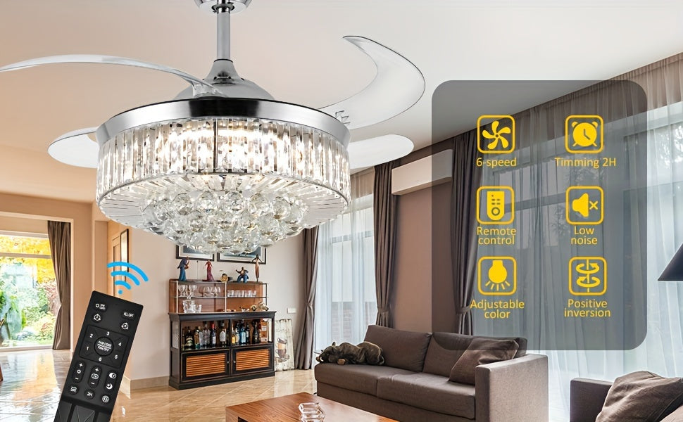 Crystal Style Ceiling Fan Light in Silvery with Three Light Tones, Remote Light Control, Six Fan Speeds and Reversible Airflow for Bedroom and Dining Room Decor